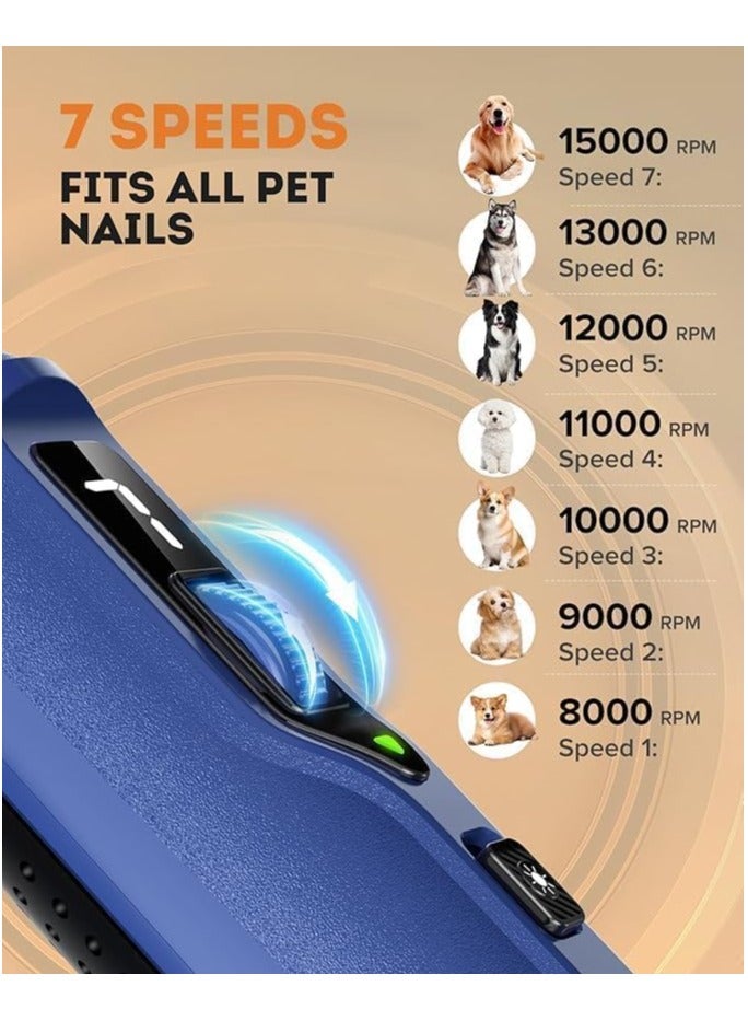 مبرد أظافر للحيوانات الأليفة بسبع سرعات مع ضوء - متين وهادئ للغاية للكلاب والقطط والطيور والحيوانات الصغيرة - يعمل بيد واحدة، أزرق - Image 2